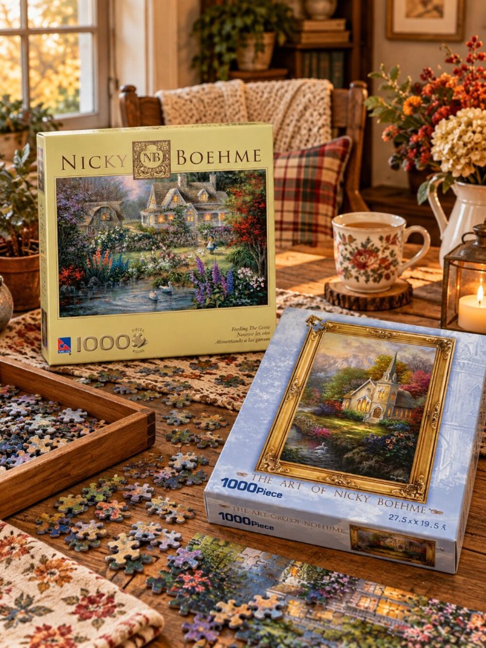 Nicky Boehme 1000 Piece Jigsaw Puzzles Lot of 2 – Cottage & Church Scenes Comple